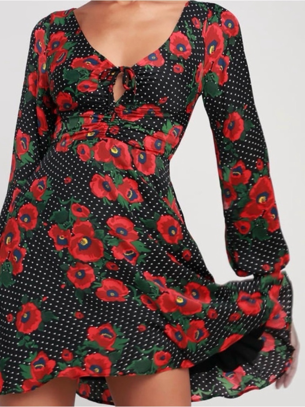 Free People Morning Light Polka Dot Floral Mini‎ Dress in Black Poppy Homecoming